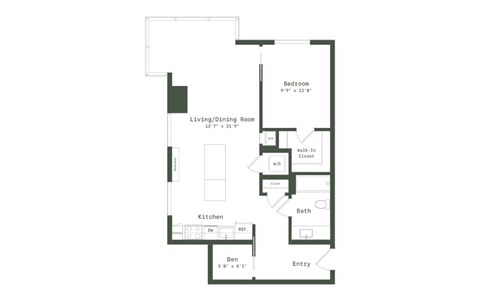 Floor plan for 1 bed, 1 bath, 864 sqft